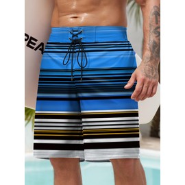 ERECT PEAK Men's Elastic Waist Trunk Casual Striped Swim Trunk Summer Tropical Quick Dry Pocket Board Short Blue L