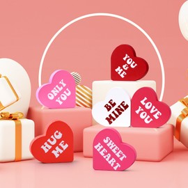 Uneedity 6 Pieces Valentine's Day Heart Shaped Wood Sign, Love Heart Shape Home Decor, Reversible Heart Tray Decor, Freestanding Table Decorations for Valentines Day Wedding Party, Double Side Printed