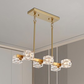 XINGQI Gold Linear Chandelier Sputnik 6-Light Rectangular Kitchen Island Light Fixture Metal Industrial Farmhouse Pendant for Dining Room, Living Room, Bedroom