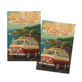 Big Sur, California, Camper Van, 17 Mile Drive (4x6 Birch Wood Postcards, 2-Pack Stationary, Rustic Home Wall Decor)