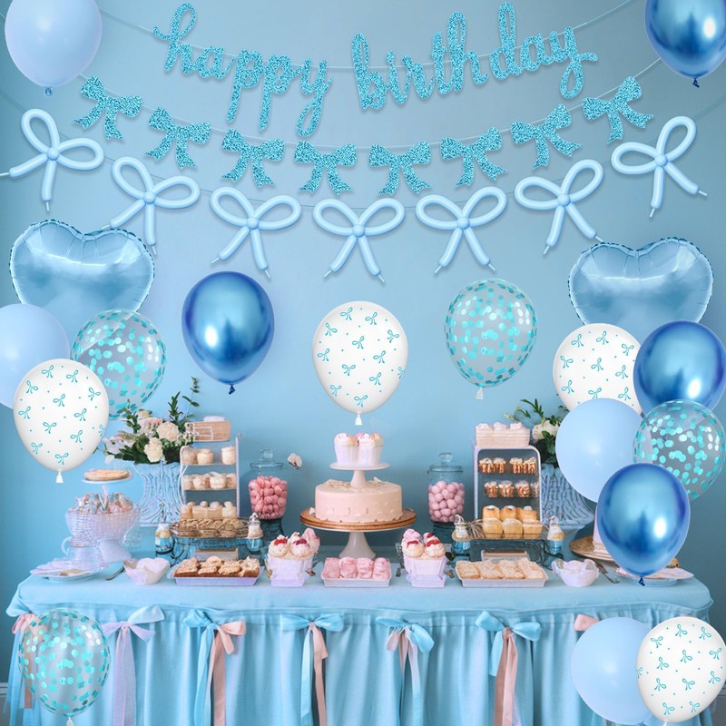 Blue Bow Birthday Decorations,Bow Coquette Party Decorations with Blue Happy