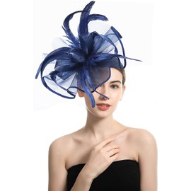 ORIDOOR Sinamay Fascinator Flower Feathers Pillbox Hat Headband Hair Clips for Derby Cocktail Wedding Tea Party A Navy Blue,One Size