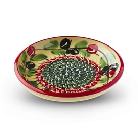 Garlic Grater Plate Set with Brush and Peeler. (#Ref 14). Handmade and Hand Painted in Cordoba, Spain. Cream with Red Rim, red and Green Circles. Olive and Flowers.