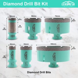 LEKOMESH Diamond Hole Saw Set 6pcs Tile Hole Saw Kit for Porcelain Tile Ceramic Marble Brick Concrete with 5/8"-11 Thread(20/35/50/75/100mm+25mm Drilling Milling Bit)