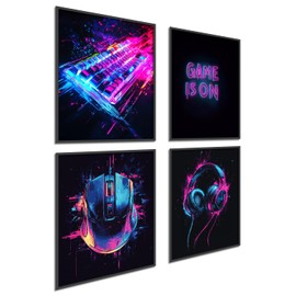 Donari Gaming Poster Set of 4 - Gaming Picture as Decoration for Gaming Room - Wall Decoration for Gamer Rooms LED Look Set A4 Pictures with or without Frame (Motif 3, 21 x 30 cm, Unframed)