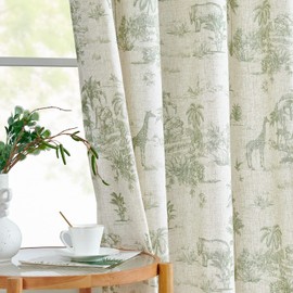 JINCHAN Linen Toile Curtains 84 Inches Long for Living Room Toile de Jouy Floral Printed Farmhouse French Country Curtains Grommet Top Light Filtering Window Drapes for Bedroom 2 Panels Green on Beige