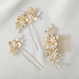 Haodeliy Hair Ornament, Headdress Comb, U Pins, 3-piece Set, Bridal Hair Accessory, Handmade Wedding Headdress Hair Ornament, Flower, Wedding Reception, Recital, Graduation Ceremony, Party Kimono Hair