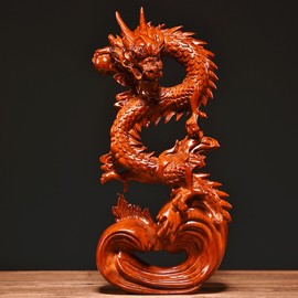 Otjidku Feng Shui Dragon Statue- Chinese Dragon on Wood Sculpture Figurine Ornament Attract Wealth and Good Luck Office Home Decor (Red) (7 Inch)