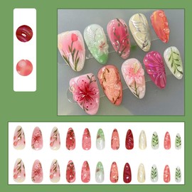 24 Pcs Red Pink Press on Nails Short Almond Nail Tips,YEFIUO Acrylic Nail Kit Fake Nails Press ons Glue on Nails Artificial French False Nails Flowers Tulip Texture Stick on Nail Art Design for Women