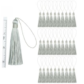 Fenghuangwu - 30 borlas de costura hechas a mano para manualidades de 5.7 pulgadas, suaves y sedosas con lazo de cordón de 2.6 pulgadas, para decoración de accesorios de manualidades, color plateado