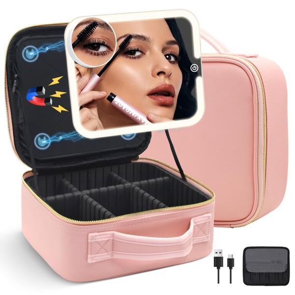 Makeup Bag with Magnetic Detachable Lighted Mirror, Travel Makeup Bag with Mirror 360° Angle Portable Large Cosmetic Case Organizer Waterproof PU Leather Makeup Bag with Mirror and Light 3 Color Modes