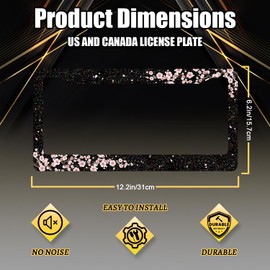 Bling Cherry Blossom License Plate Frame Pink Floral License Plate Stainless Steel Auto Parts Colorful License Plate Holder for Women Decoration with Screws License Plate Holder 12"x6"
