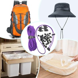 Garbage Bin Belt with DIY Set, 11-Yard 1/8-inch Multifunctional Elastic Rope Set - 10 pcs Double-Hole Spring Locks + 20 pcs Cord Ends | Trash Can Fixing/Beach Towel Straps/DIY Sewing