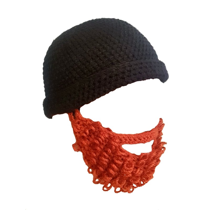 Handmade Knitted Hat Beanie with Removable Red Beard, Black &
