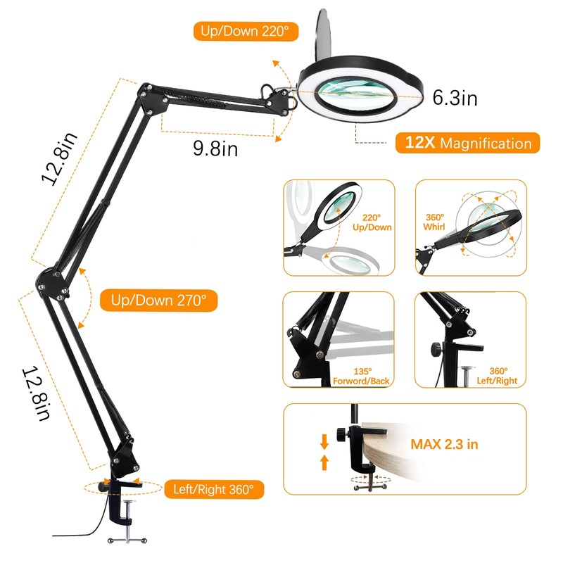 12XMagnifying Glass with Light and Stand|Magnifying Lamp with 3-Section Swing