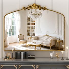Vintage Arched Bathroom Mirror, 40"x 30" Retro Wall Mounted Vanity Mirror with Carved Pattern Top and Aluminum Frame, Antique Decorative Mirror for Hanging or Leaning