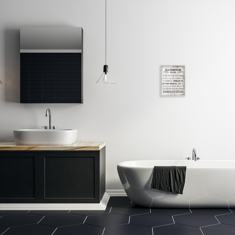 Stupell Industries Bathroom Rules Funny Word Wood Textured Design Gray