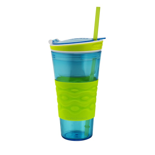 Snackeez Travel Snack & Drink Cup with Straw, Blue,16 oz