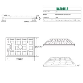 Natotela 24x16in Fiberglass Replacement Manhole Cover-Only Lid,Corrosion Resistance FRP Rectangular Sewer Cover with Handles for Pavement,Lightweight Septic Tank Lid,Non-slip Trench Solid Plate