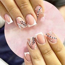 24 Pieces French False Nails Glitter Fake Nails Pink with White Artificial Nails Leaf Silhouette Artificial Nails Designs Daily Decorative Art for Women and Girls
