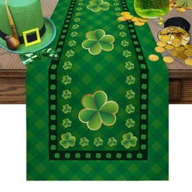 St. Patrick's Day Cotton Linen Table Runner Dresser Scarves,Happy St. Patrick's Day Clover Green Buffalo Table Runners for Dinning Table,Kitchen Decor,Holiday Parties Dinner Decoration-13x36 Inch