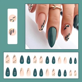 Green Press on Nails Medium Almond Fake Nails with Green Leaf Design Gold Line False Nails Glossy Acrylic Nails Glue on Nails Stick on Nails for Women and Girls