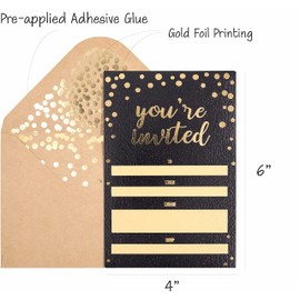 Invitation Cards - 50-Count 4" x 6" Black Invitation Cards ‘’You Are Invited’’ in Gold Foil with 52 Gold Confetti Foil Kraft Envelopes – Invitation Cards For Wedding, Bridal Shower, Baby Shower, Birthday