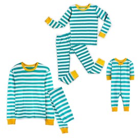 Mightly Matching Christmas, Holiday Pajamas,100% Organic Cotton, Fair Trade Certified -Complete Family, Adult, Kid & Toddler Sizes, L, Teal Stripe