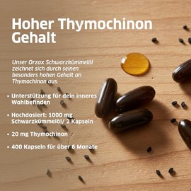 Orzax Black cumin oil capsules (unfiltered) - 1000 mg with 20 mg thymoquinone per daily dose (original Nigella sativa) - Turkish - 400 capsules - natural, cold pressed and laboratory tested