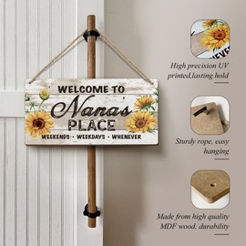 Heuhuww Nana Gifts for Grandma,Welcome to Nana's Place Sign 6x12 Inch Retro Sunflower Front Door Porch Decor for Grandma,Farmhouse Wall Decorations Hanging Signs(Sunflower-Yellow)