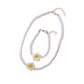 MMIUAEG 2Pcs Hawaiian Plumeria Rubra Bracelets Bohemian Polymer Clay Beaded Stretch Bracelet for Women Tropical Flower Summer Beach Boho Jewelry (B&N-White)