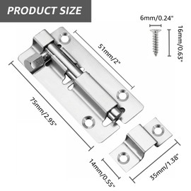 JelKen Door Lock Bolts 3"(75mm), 304 Stainless Steel Door Latch Slide Bolts Lock with Screws for Bathroom Bedroom Shed Garden Toilet, 3 Inch