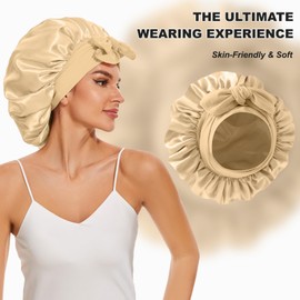 Silky Satin Bonnet for Sleeping,Single Layer Silk Hair Bonnet Women with Tie Band (Beige)