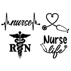 Nurse Decal 4 Pack: Nurse Heartbeat, Heart, Nurse Life, RN Caduceus (Black)