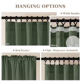 Olive Green Linen Curtains 107 Inches Long for Living Room 2 Panels Set Light Filtering Semi Sheer Curtains Luxury Rod Pocket Hook Belt Privacy Boho Farmhouse Linen Drapes for Bedroom 107 Inch Length