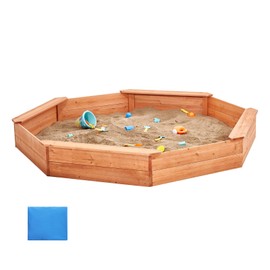 Happybuy Wooden Sandbox with Cover, 75.6 x 75.6 x 9.1 in Octagonal Sand Pit, 4 Seats, Bottom Liner, Outdoor Play Area for Kids Ages 3-12, Ideal for Backyard, Beach, and Park