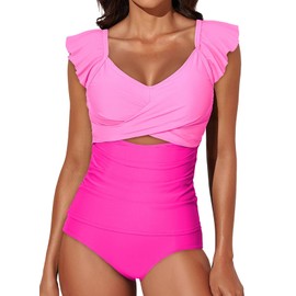 Aleumdr 2025 Trendy 2 Piece Tummy Control Tankini Swimsuits Cross Criss Bathing Suit Ruffled Cutout Tank Top with Bikini Briefs Color Block V Neck Swimwear Hot Pink X-Large