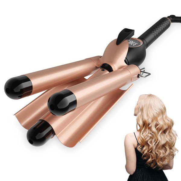 Hair Waver, 3 Barrel Curling Iron for Beachy Waves, Hair Crimper with Long-Lasting Styling, 3 Inch Ceramic Curling Wand with LCD Temp Display, Beach Waver Curling Iron for Travel, Party，Gold