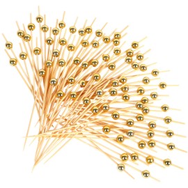 KIMOBER 100PCS Cocktail Picks,Gold Pearl Handmade Bamboo Cocktail Toothpicks for Appetizers Fruit Party,Cocktail Sticks Party Supplies