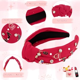 YARIEW Bride Knotted Headband for Women and Girls Bride Headband Embellished Crystal Pearl Bag Lipstick Bachelorette Party Decorations Bridal Shower Wedding Hair Accessories Party Gifts, Red