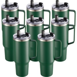 Orebigo 40 oz Tumbler with Handle and Straw Lid, Stainless Steel Tumblers Bulk Double Wall Vacuum Insulated Mug Leakproof Travel Cup for Car, Office, Home, Dark Green, 8 Pack