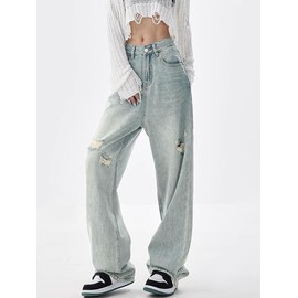 EMMIOL Distressed Denim Pants Casual Straight Leg Jeans Women's Baggy Boyfriend Jeans Wide Trousers Streetwear Pants