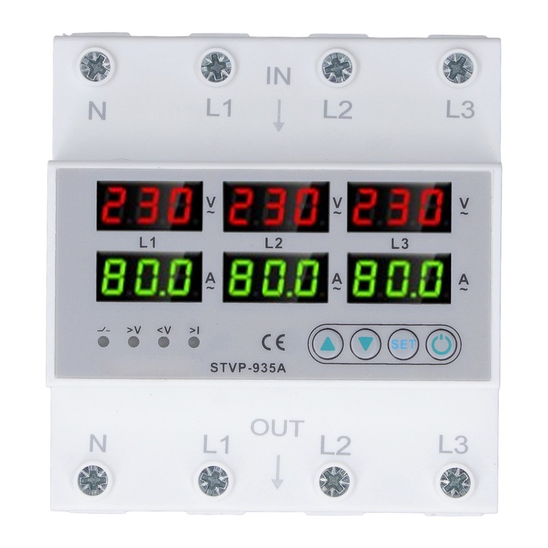 Over Under Voltage Protector 80A 3 Phase Auto Reset Voltage
