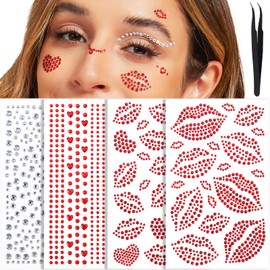 YGDZ Face Gems Self-Adhesive Face Jewels Stickers, Red Lip Hair Gems, Festival Kiss Jewels for Valentines Makeup, Face Rhinestone Stickers for Makeup, Eye, Hair, Body, Stick on Gems for Kids, Women