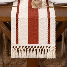 DeZerlor Boho Macrame Table Runner Terracotta Fall Farmhouse Woven Table Runner with Tassels 108 Inches Ivory& Rust Cotton Linen Kitchen Table Centerpiece for Dining Dresser Home Tea Table Decor