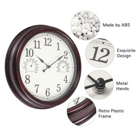 Vigorwise 12 inch Outdoor Wall Clock, Plastic Waterproof Outdoor Clocks with Temperature & Humidity, Water Resistant Wall Clock for Patio Garden, Dark Brown