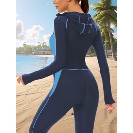 FEOYA Women’s One Piece Swimwear Long Sleeve Long Leg Swimwear UPF 50+ Surfing Rash Guard UV Protection Full Body Dive Skin Suit for Swimming Diving Surfing Blue/Grey XL