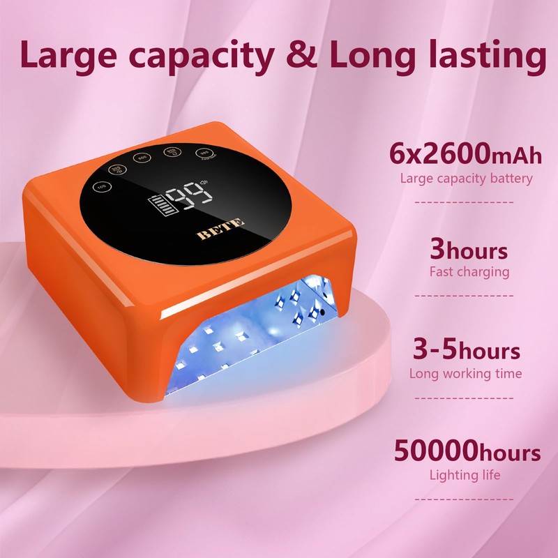 BETE Cordless LED Nail Lamp, 78W Rechargeable UV Nail Light,