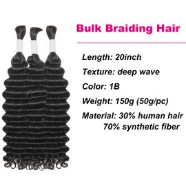 Deep Wave Braiding Hair 150g 20 Inch Bulk Human Hair Mixed Synthetic Curly Braiding Hair for Boho Braids No Weft Wavy Hair Bundles for Braiding (20Inch, 1B)