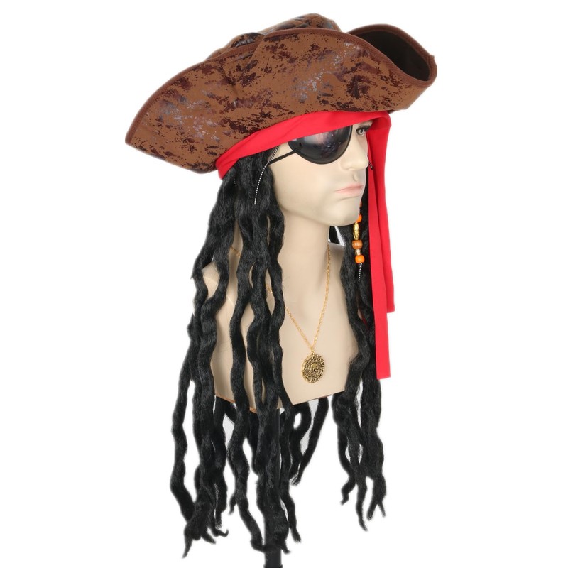 Pirate Hat Wig with Eye Patch Earring Necklace Pirate Dress